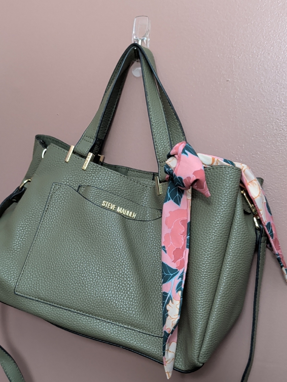 Steve Madden Olive Green Pebbled Tote with Pink Floral Scarf Accent